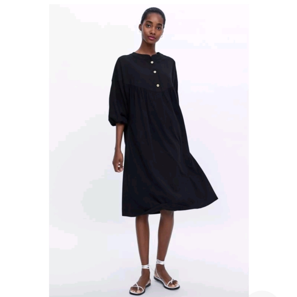 Zara Black Buttoned Oversized Shirt Midi Dress Size L